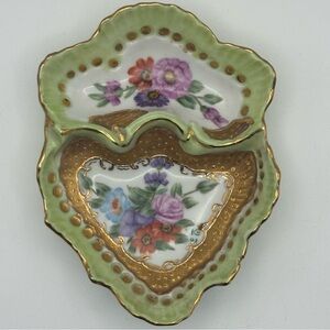 Antique Nippon Era Hand Painted Divided Porcelain Trinket Dish Green Gold Floral